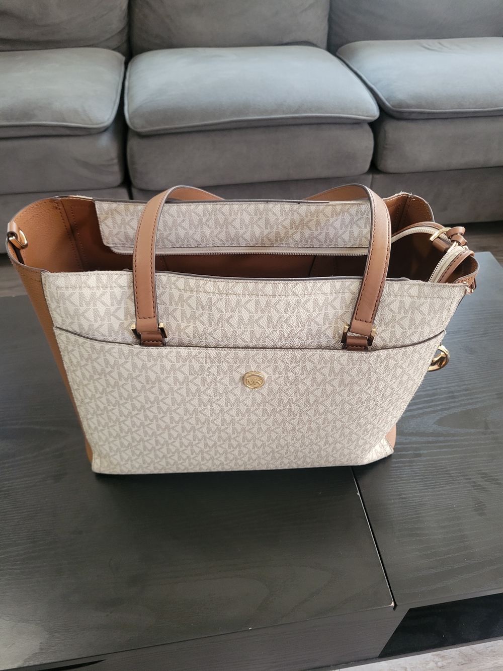 Michael Kors Beige Signature Tote with Tan Trim